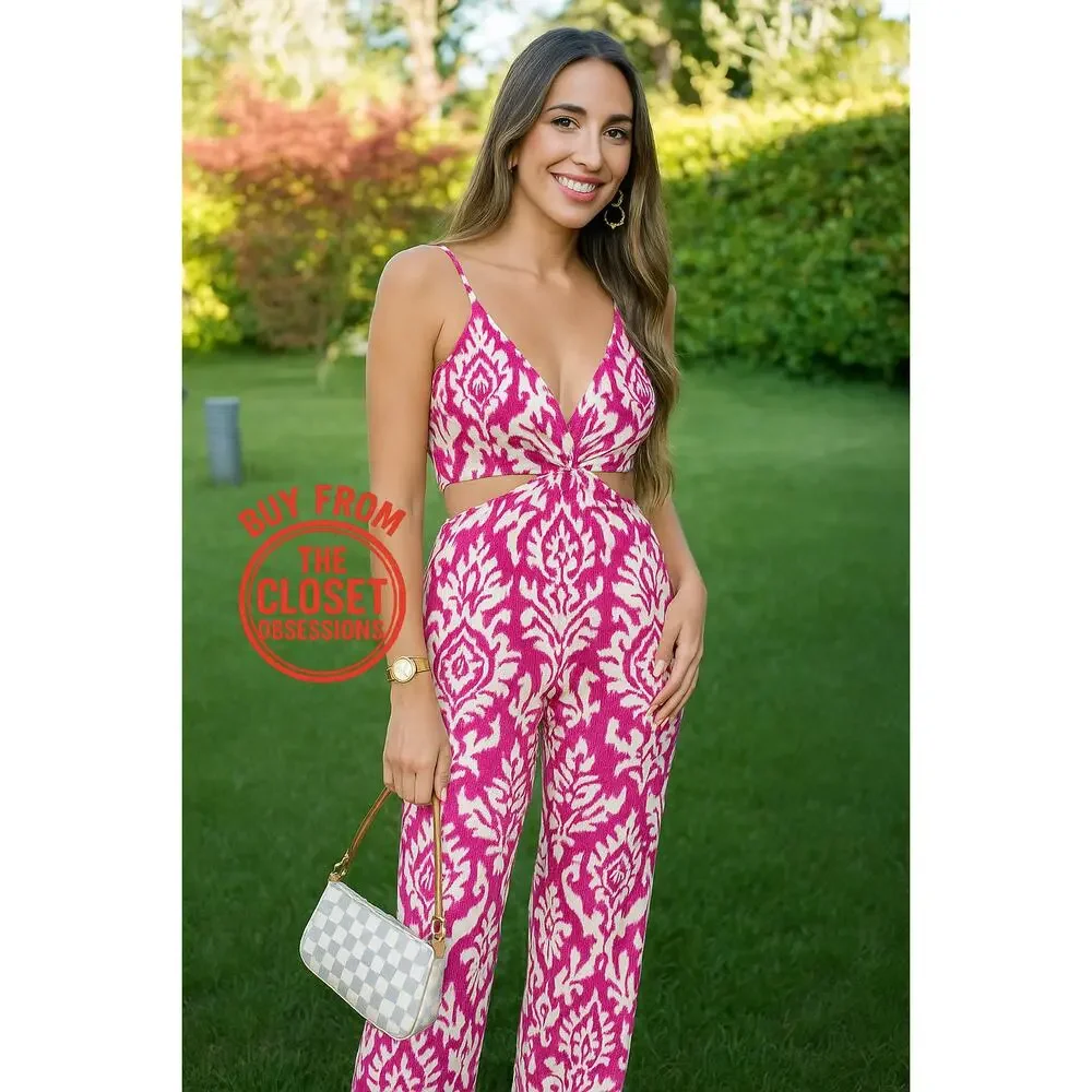 Zara NWT Pink White Cutout Wide Leg Jumpsuit M